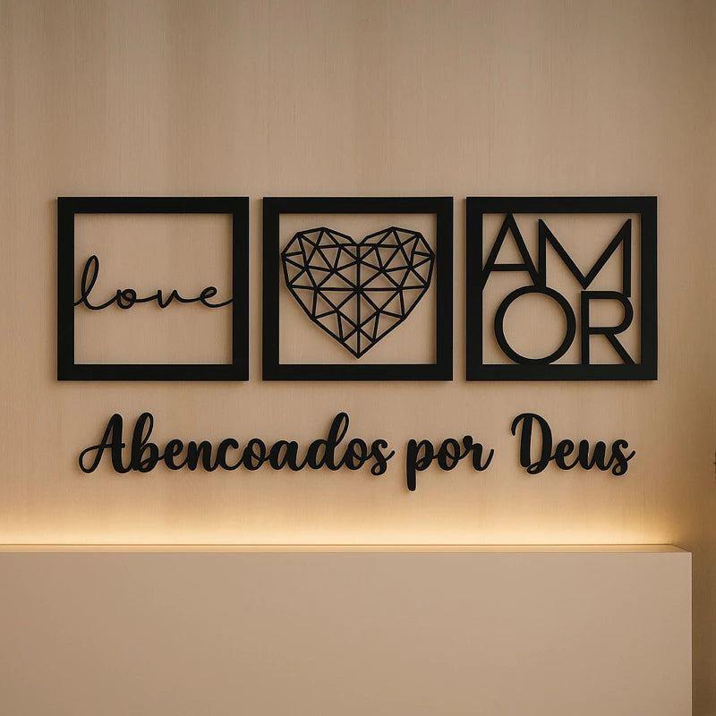 Kit Quadros Decorativos 3 Peças – Família, Amor e Frases